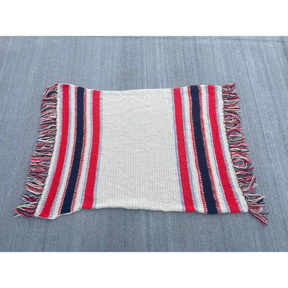 Vintage Handmade Crochet Afghan Striped Red White Blue Nautical Fringe Retro - Picture 1 of 3